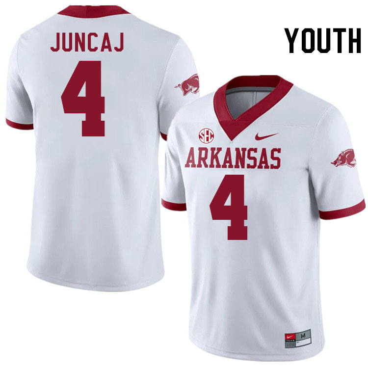Youth #4 Anton Juncaj Arkansas Razorbacks College Football Jerseys Stitched-Alternate White